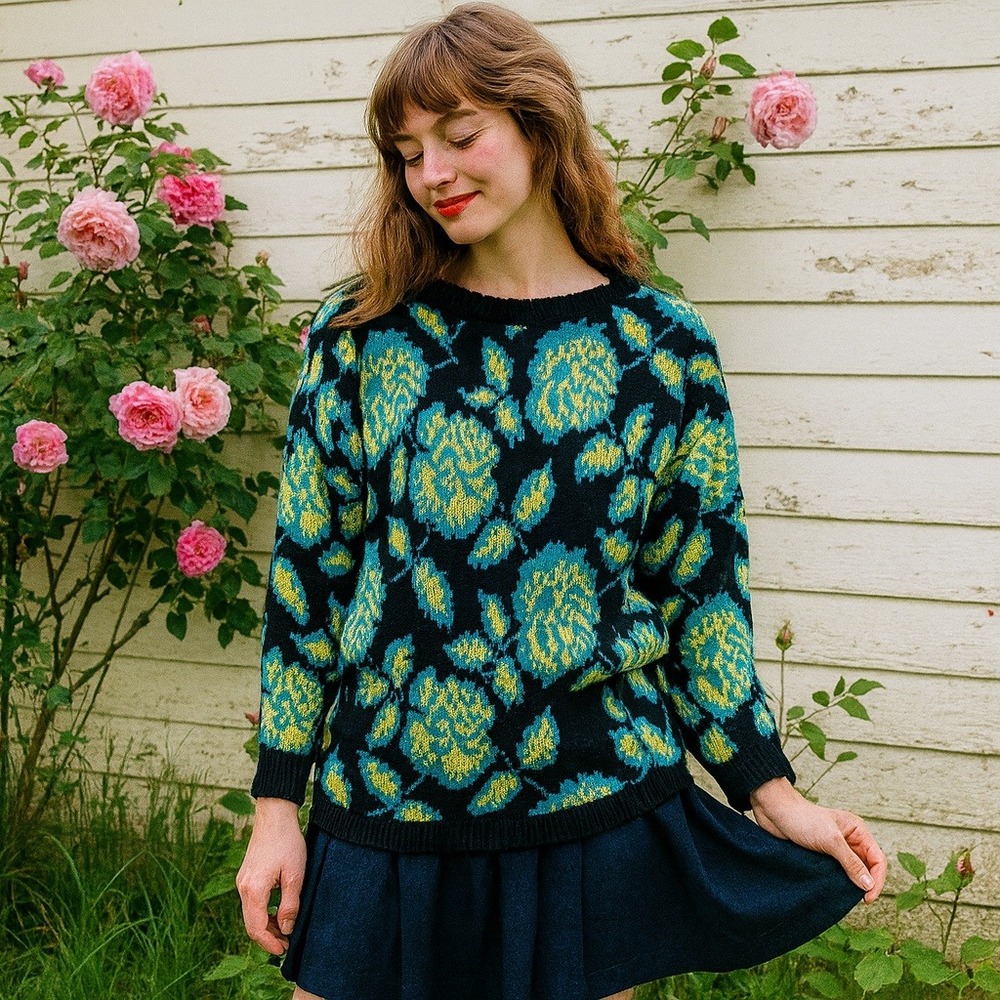 Vintage GENOA by‎ Brenda Lim Floral Rose Knit Sweater Black Teal Yellow 80s M